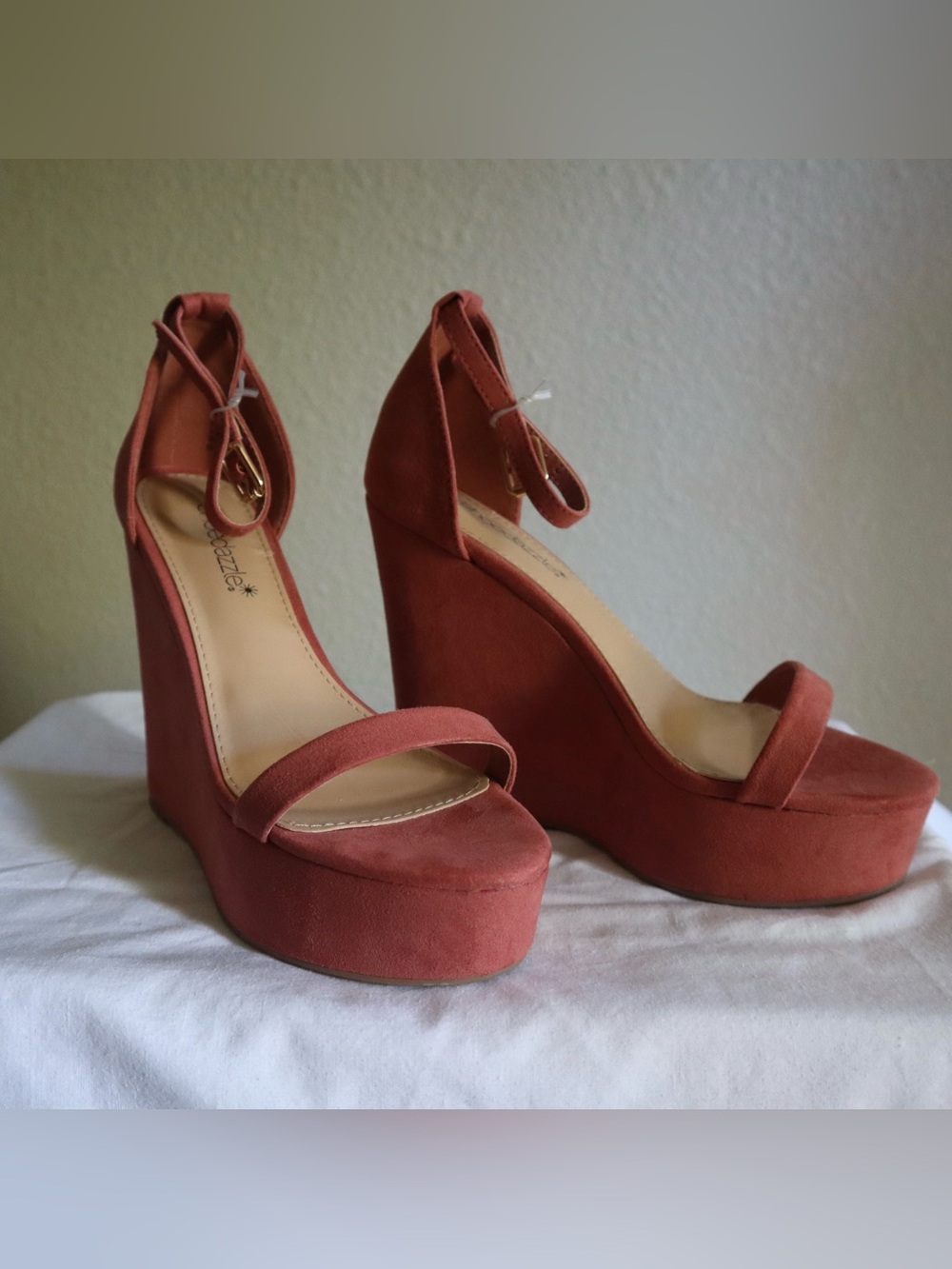 Dusty Rose Pink Suede Platform Wedge Sandals with Ankle Strap